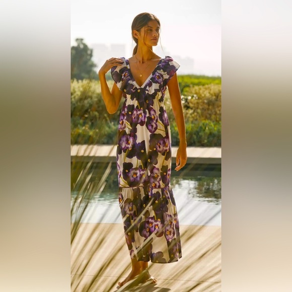 100% Cotton Floral Ruffle Dress with Purple and White Design - Picture 1 of 7